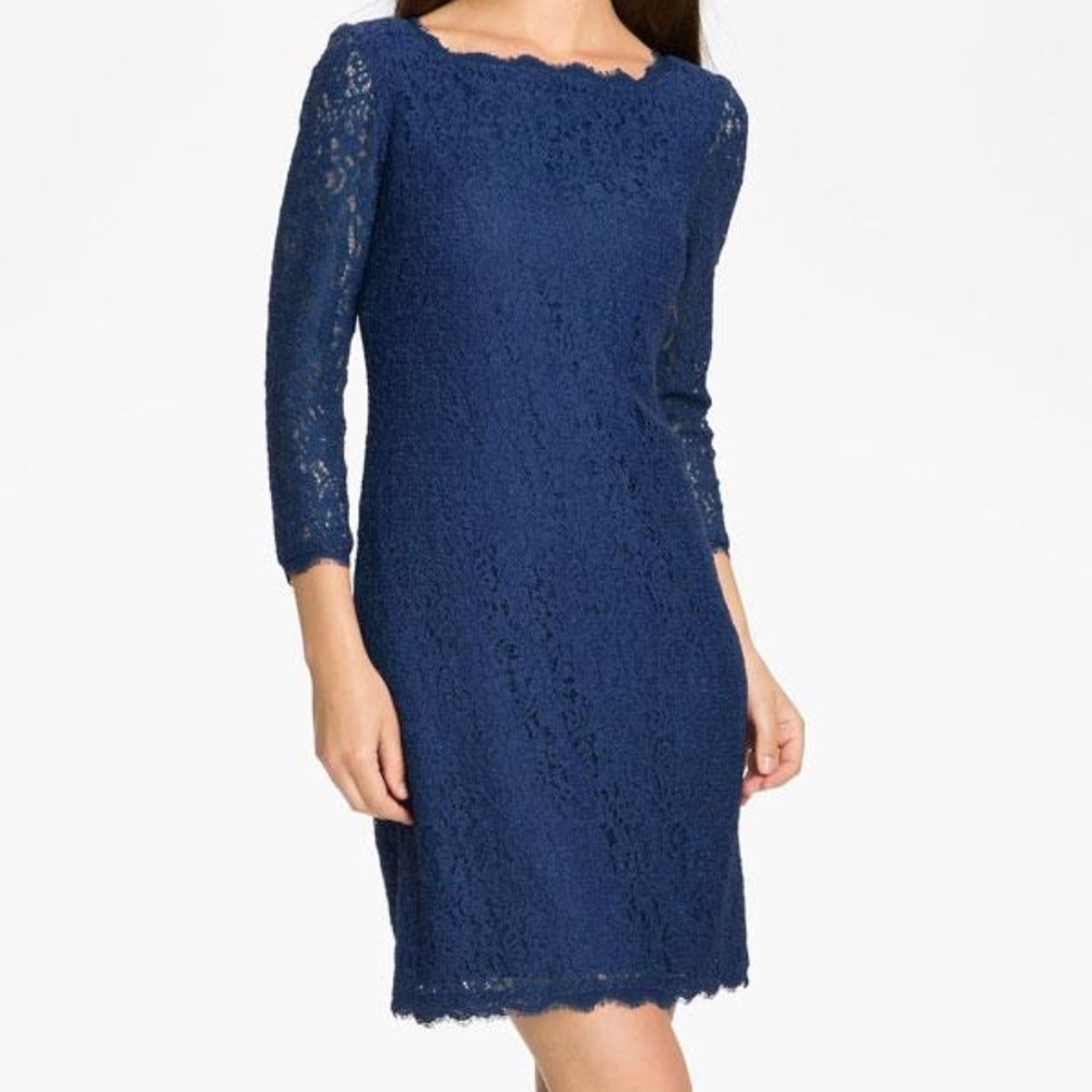 Adrianna Papell Navy Blue Lace Overlay Evening Cocktail Sheath Dress Size 14W